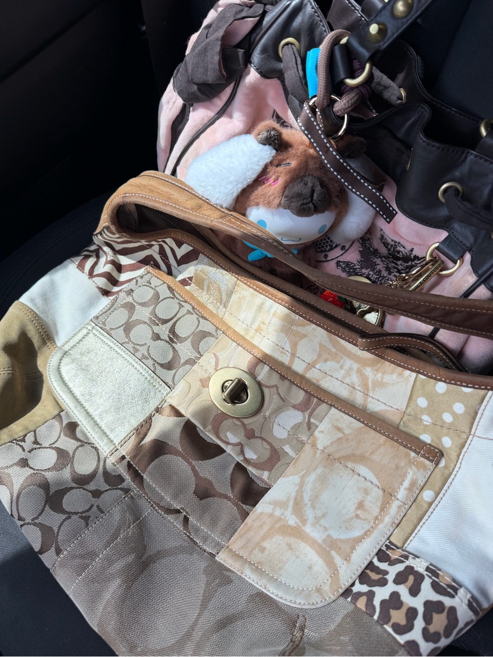 Rare Vintage Coach Patchwork Hobo Bag in Khaki, Gold & Brown Accents